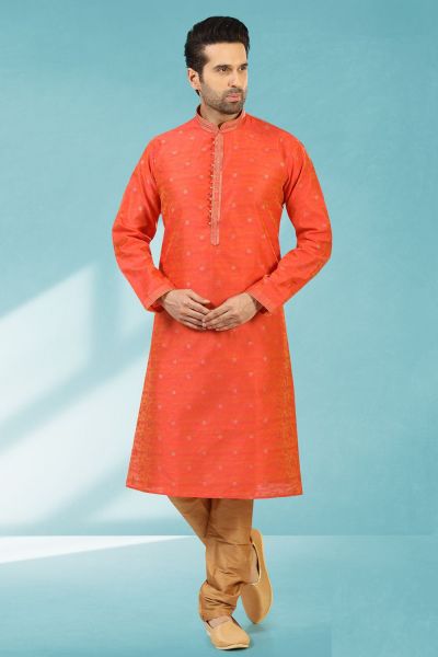 Rust Jaquard Silk Brocade Mens Kurta Pajama (NMK-5189)