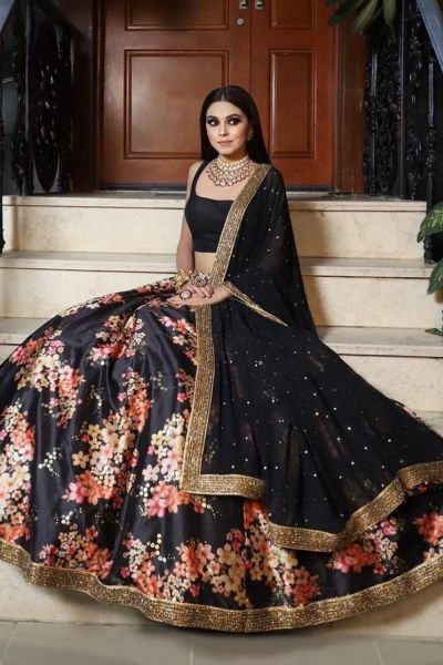 Satin Silk Black Digital Print Lehenga (NWG-1271)