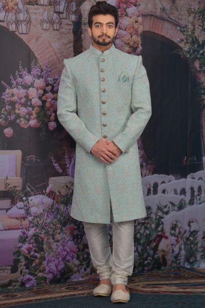 Sea Blue Georgette Lucknowi Sherwani (NMK-4766)