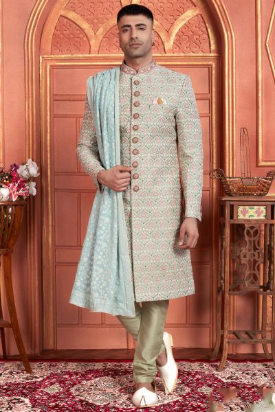 Sea Green Art Silk Mens Sherwani (NMK-7885)