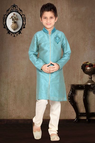 Sky Blue Art Dupion Kids Sherwani (NKK-462)