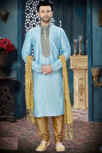 Sky Blue Art Dupion Regular Kurta Pajama (NMK-3811)