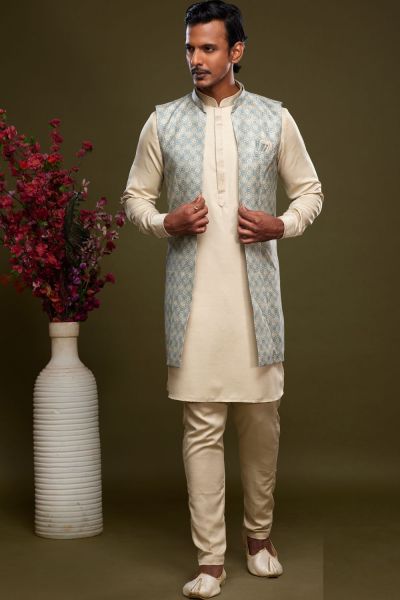 Sky Blue Art Silk Digital Printed Jacket Kurta (NMK-7089)