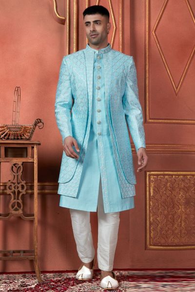 Sky Blue Art Silk Mens Indo Western (NMK-7719)