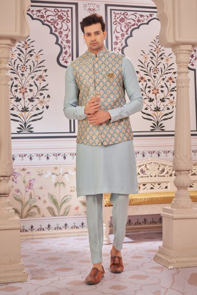 Sky Blue Art Silk Nehru Jacket (NMK-7987)