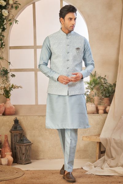 Sky Blue Art Silk Nehru Jacket (NMK-8066)