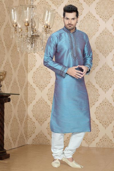 Sky Blue Art Silk Regular Kurta Pajama (NMK-2257)