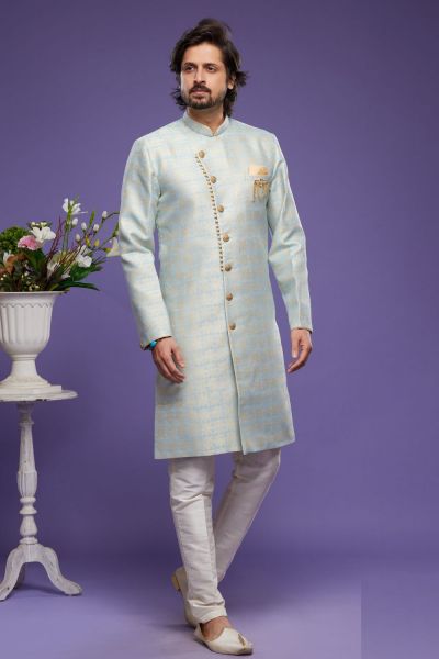 Sky Blue Banarasi Jaquard Mens Indo Western (NMK-7002)