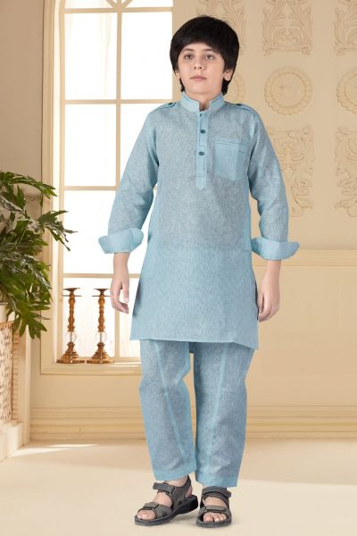 Sky Blue Cotton Silk Kids Pathani Suit (NKK-664)