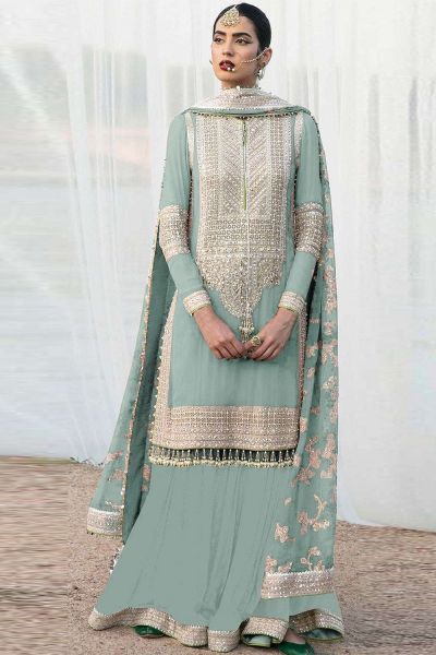 Sky Blue Faux Georgette Embroidered Plazzo Suit (NWS-6991)