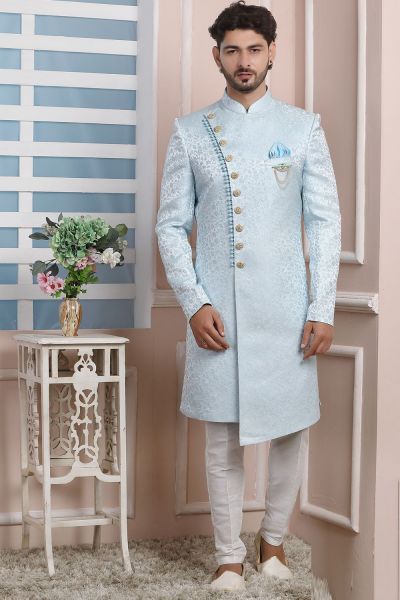 Sky Blue Imported Jaquard Silk Indo Western (NMK-6171)