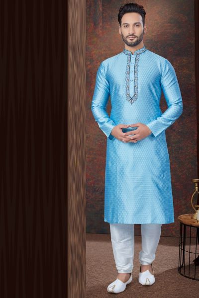 Sky Blue Jaquard Kurta Pajama (NMK-7831)