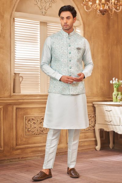 Sky Blue Jaquard Semi Silk Brocade Nehru Jacket (NMK-8052)