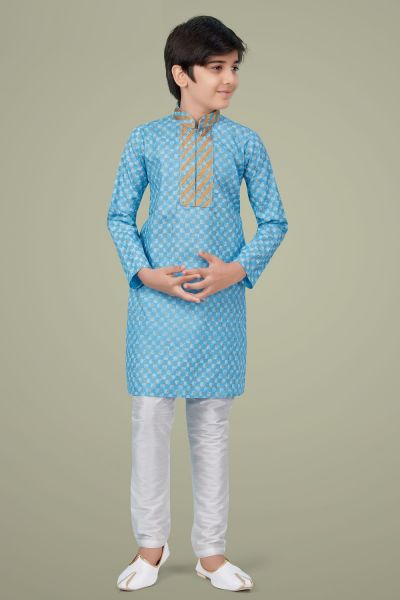 Sky Blue Printed Cotton Silk Boys Kurta Pajama (NKK-710)