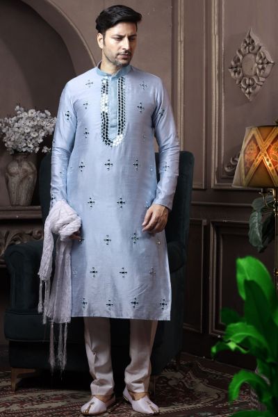 Sky Blue Silk Kurta Pajama (NMK-6044)