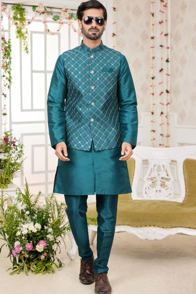 Teal Blue Art Silk Nehru Jacket (NMK-7978)