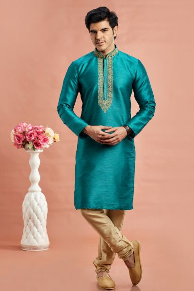 Teal Blue Banarasi Art Silk Kurta Pajama (NMK-7934)