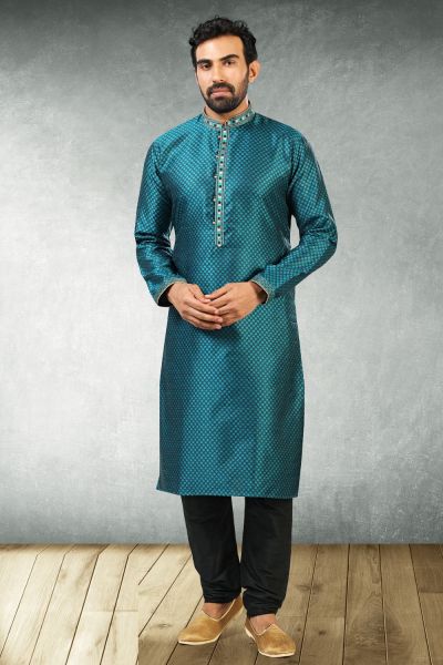 Teal Blue, Black Jaquard Silk Brocade Kurta Pajama (NMK-5177)