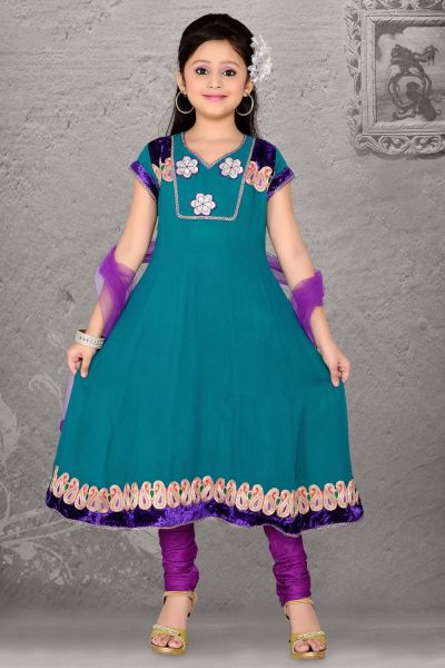 Teal Blue Faux Georgette Girls Salwar Kameez (NFG-048)