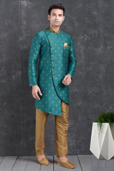 Teal Blue Jaquard Silk Brocade Indo Western Kurta (NMK-5018)