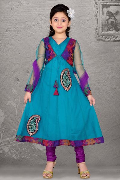 Teal Blue Net Girls Salwar Kameez (NFG-050)