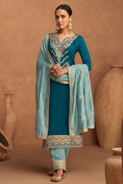 Teal Blue Silk Embroidered Plazzo Suit (NWS-6989)