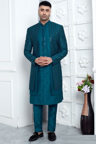 Teal Blue Velvet Silk 4 piece attached Jacket Set (NMK-7870)