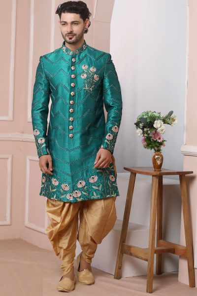 Teal Green Art Banarasi Silk Indo Western (NMK-5960)