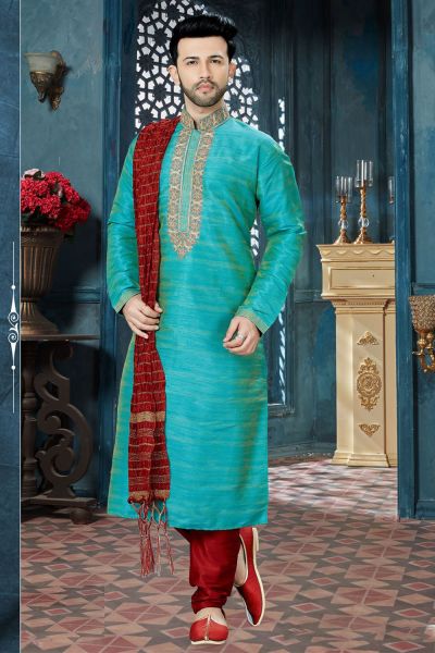 Teal Green Banglori Silk Designer Kurta Pajama (NMK-3822)