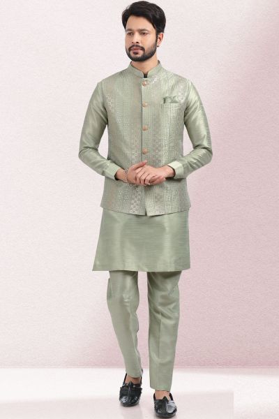 Thread work Art Silk Pista Green Nehru Jacket (NMK-6578)