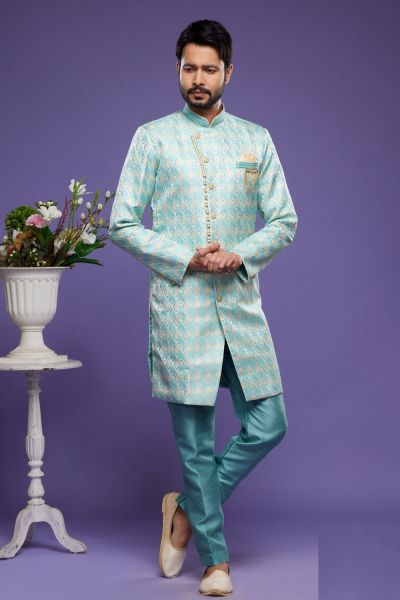 Turquoise Blue Banarasi Jaquard Indo Western (NMK-6997)