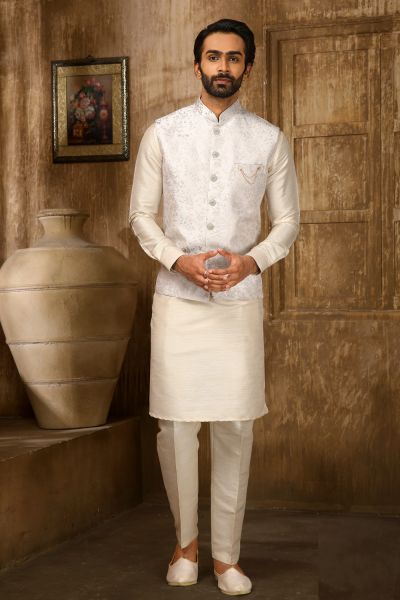 White Jaquard Mens Nehru Jacket (NMK-6353)