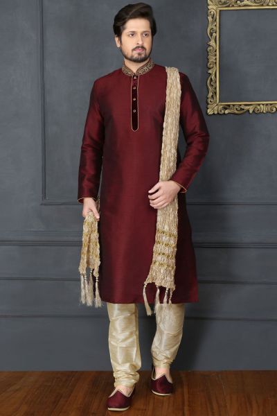 Wine Art Banarasi Silk Designer Kurta Pajama (NMK-3677)