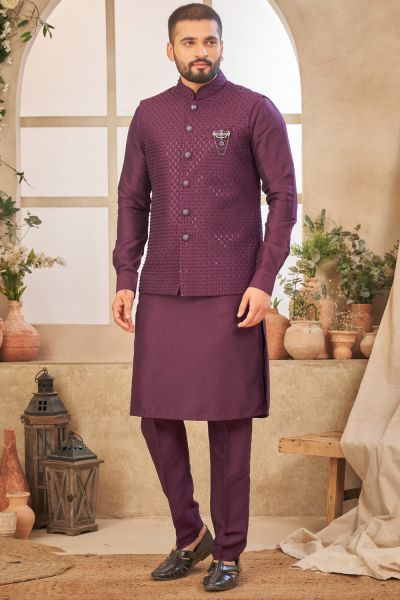 Wine Art Silk Mens Nehru Jacket (NMK-8037)