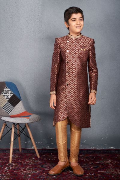 Wine Banarasi Brocade Boys Sherwani (NKK-728)