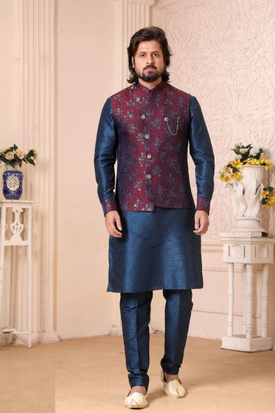 Wine, Blue Art Banarasi Silk Nehru Jacket (NMK-5649)