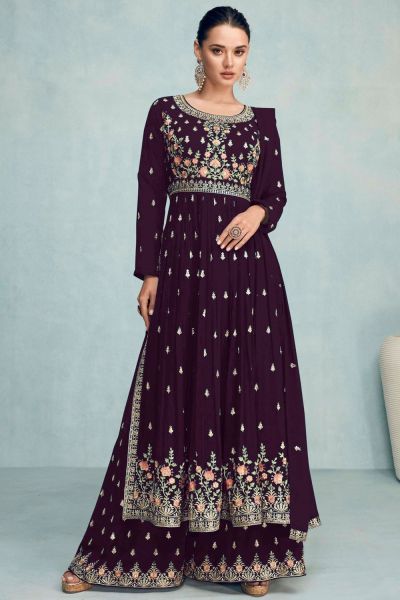 Wine Faux Georgette Nayra Cut Style Salwar Suit (NWS-6912)