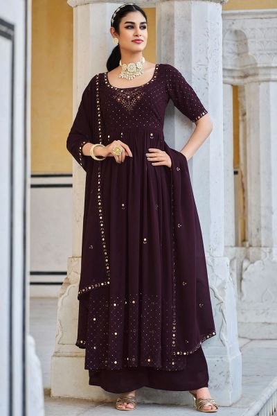 Wine Georgette Embroidered Salwar Suit (NWS-7010)