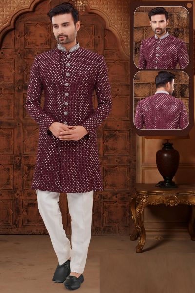 Wine Georgette Sherwani (NMK-5901)