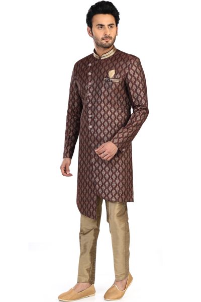 Wine Jaquard Semi Silk Brocade Indo Western (NMK-8098)