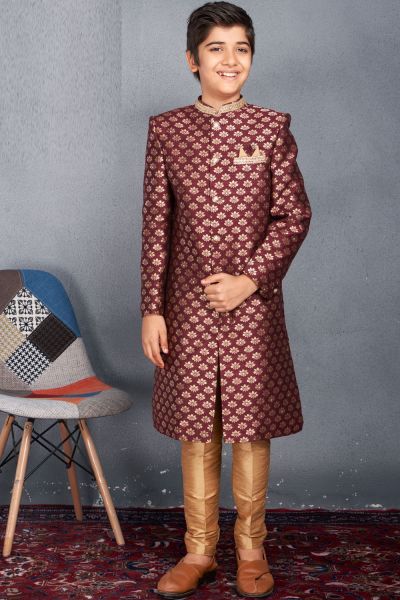 Wine Jaquard Sherwani for Boys (NKK-735)