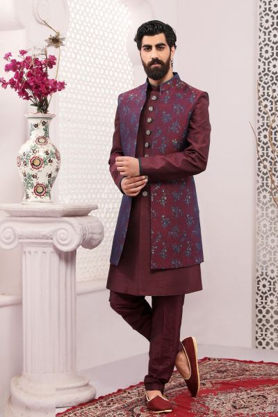 Wine Jaquard Silk Brocade Indo Western (NMK-5591)