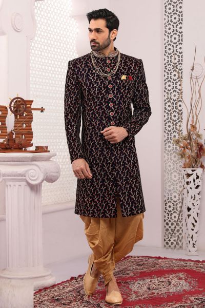 Wine Velvet Sherwani for Mens (NMK-5577)