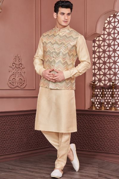 Yellow Art Banarasi Silk Nehru Jacket (NMK-7399)