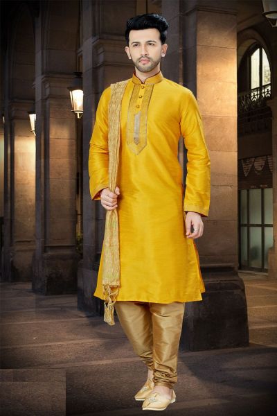 Yellow Art Dupion Regular Kurta Pajama (NMK-3757)