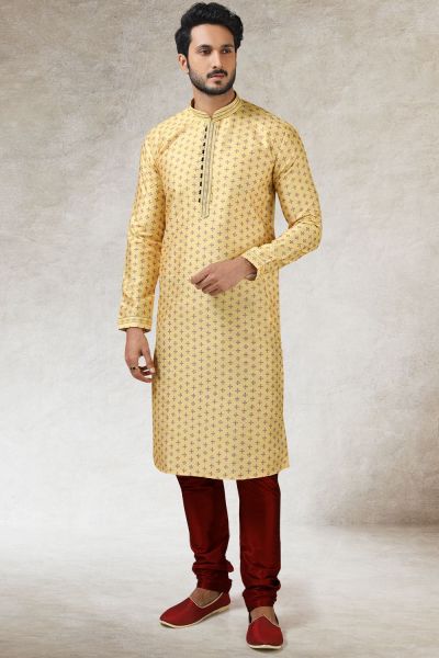 Yellow Art Silk Indian Kurta Pajama (NMK-5849)