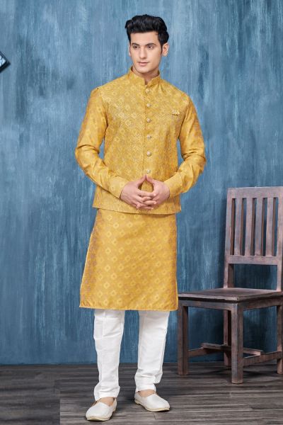 Yellow Art Silk Nehru Jacket (NMK-7351)