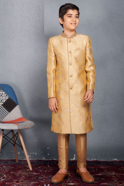 Yellow Banarasi Brocade Sherwani for Kids (NKK-729)