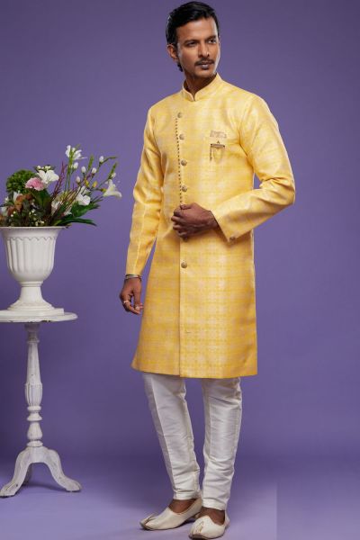 Yellow Banarasi Jaquard Indo Western for Men (NMK-7000)