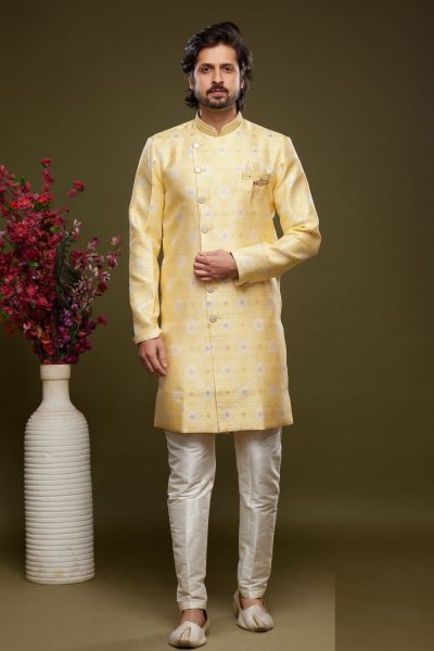 Yellow Banarasi Jaquard Mens Indo Western (NMK-6992)